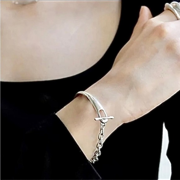 Sterling Silver Minimalist Chain Link Bangle Bracelet - Picture 6 of 8